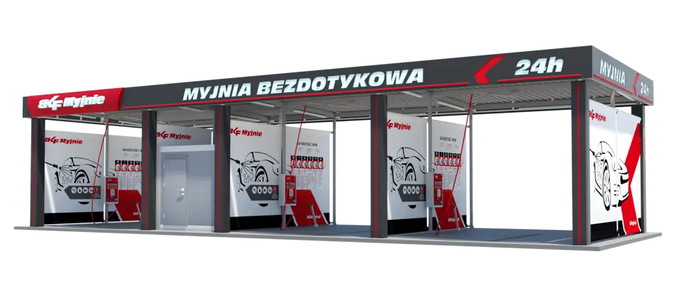 Wizualizacja konstrukcji Premium – myjnia samoobsługowa kontenerowa, widok dzienny